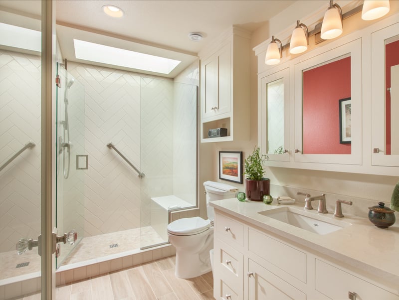 remodeled bathroom with walk in shower in Salem, Oregon by Kraft Custom Construction