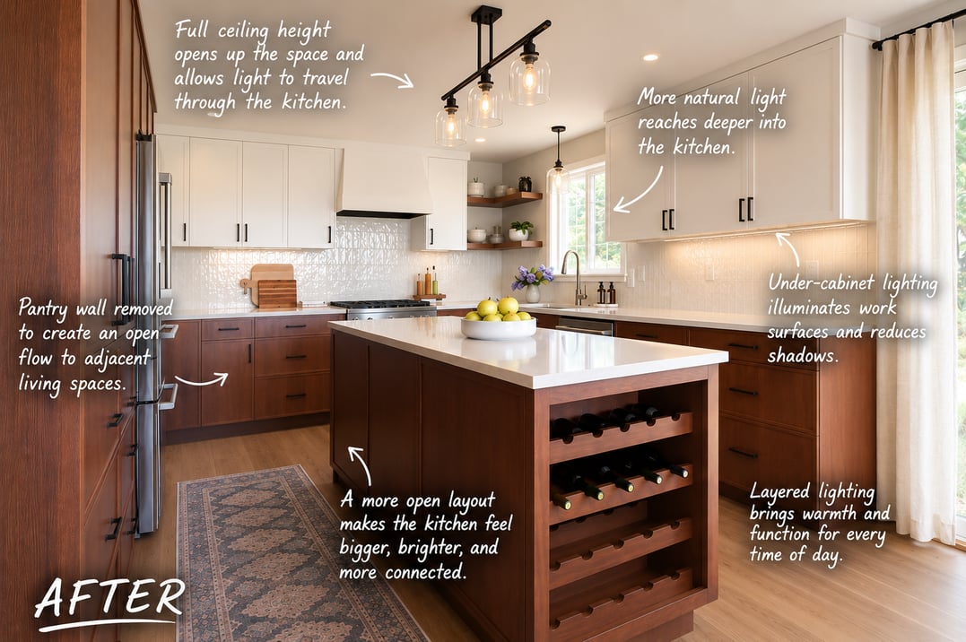 Remodeled kitchen after image with captions
