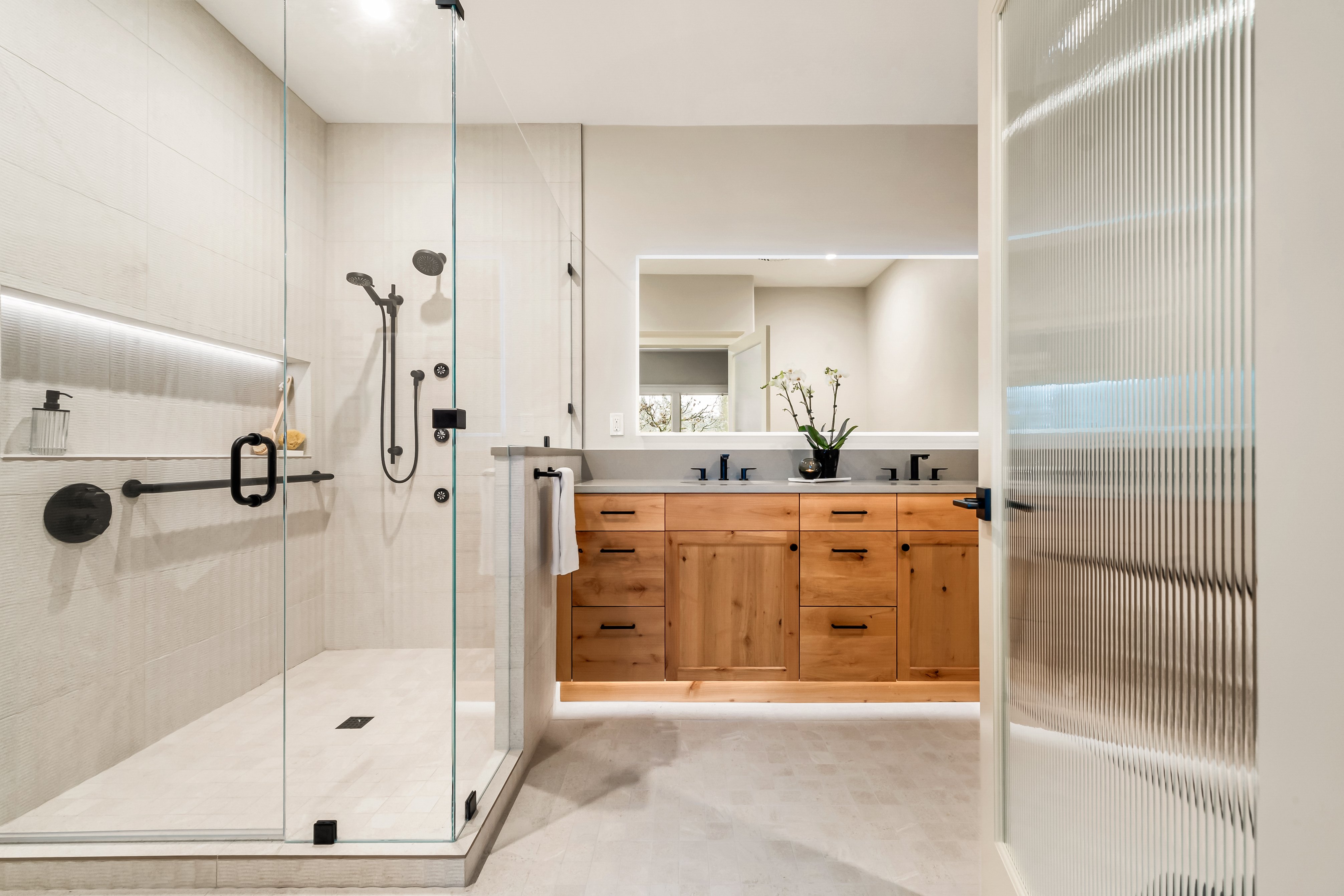 Bathroom Remodel: Glass Shower, Porcelain Tile, Alder Vanity