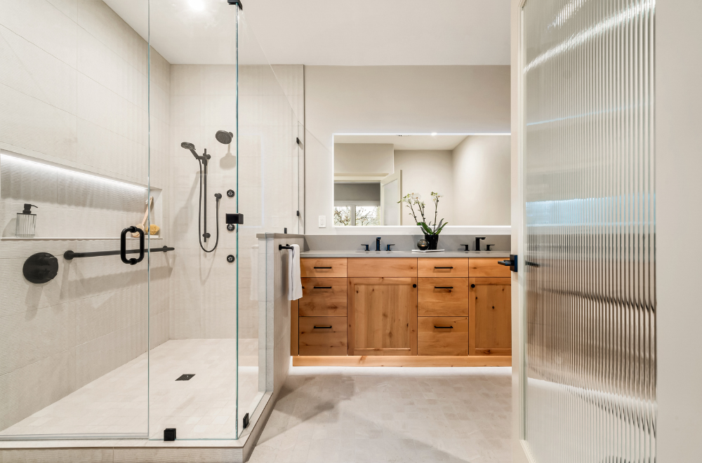 Glass Shower On The Left With An Alder Vanity On The Right; Minimal Organic Designed Bathroom Remodel