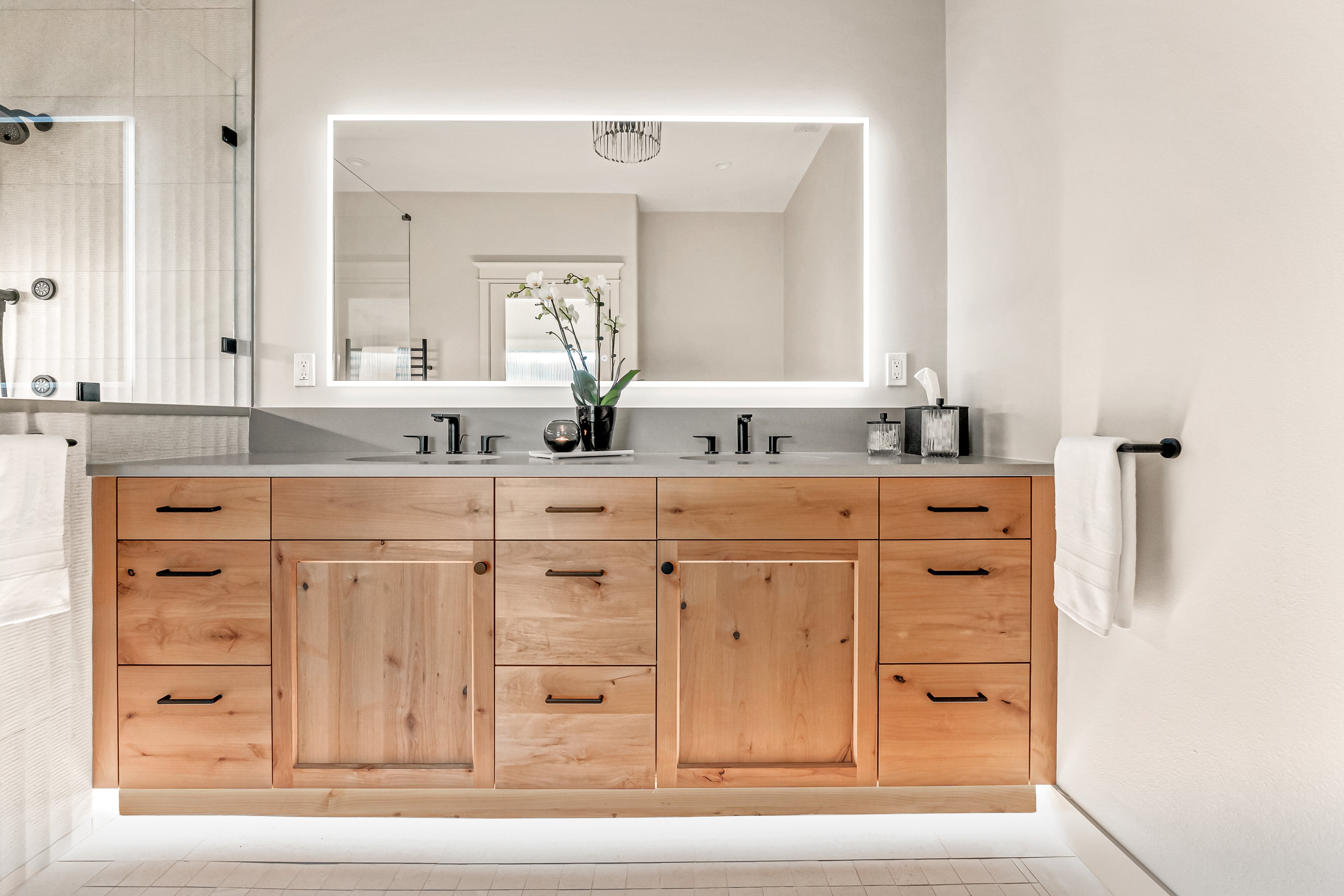 Bathroom Remodel Custom Knotty Alder Vanity and LED Mirror