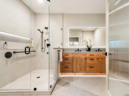 Bathroom Remodel Glass Shower, Knotty Alder Vanity, LED Mirror, McMinnville, OR